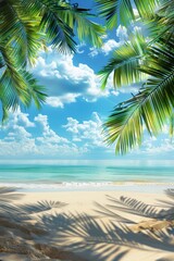 Fototapeta premium vacation destination, an idyllic seaside scenery with clear blue waters, palm trees creating patterns on the sandy shore, ideal for coastal travel lovers