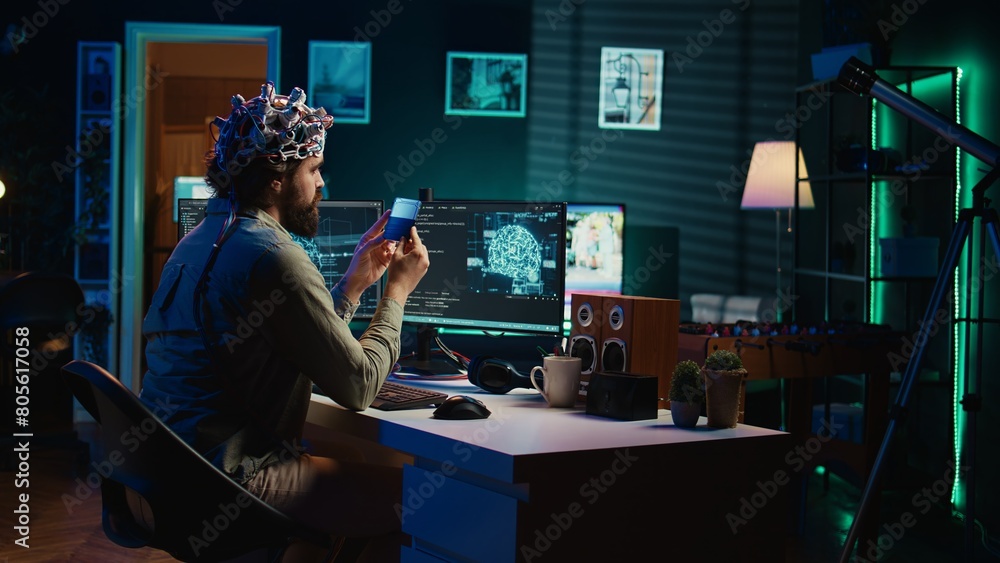 Poster it specialist using eeg headset and deep learning technology to upload brain into computer. close up