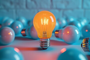 A single glowing light bulb stands out brightly amongst a group of dim and unlit bulbs, symbolizing inspiration, ideas, and standing out from the crowd