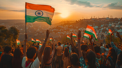 Group of People Waving Indian Flags in Back Lit