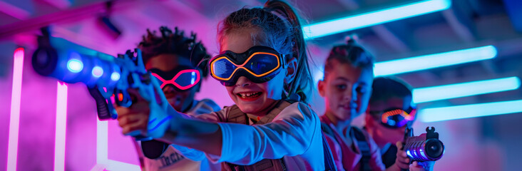 three kids playing laser tag in an indoor space, wearing goggles and holding laser guns, pink blue and purple lighting, neon lights, a cool pose