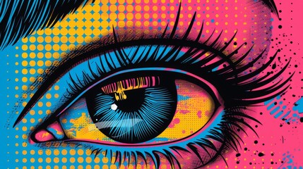pop art eye illustration, pop art style creative poster illustration background featuring a close-up of a human eye in macro view