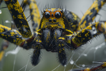 Macro of the front face and legs of an ornate black and yellow patterned spider hanging on its web, with raindrops