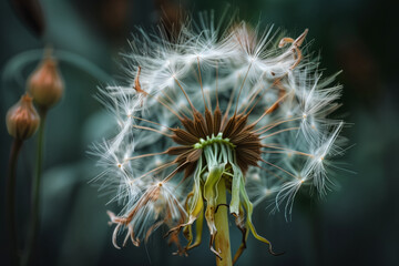 Fototapeta premium Closeup of the seeds and fluff on an old dandelion, with its roots visible at its core