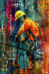 A painting depicting a man in a hard hat and safety gear operating a jackhammer at a construction site. The man is focused on his task, surrounded by construction materials and equipment