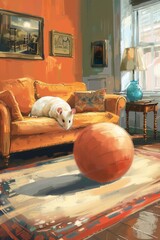 This painting depicts a cat relaxing on a couch. The cat is laying comfortably with a serene expression, adding a cozy vibe to the room