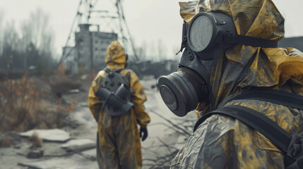 Fototapeta premium People in yellow suits protecting from radiation.