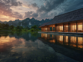 Obraz premium Wooden house on the shore of the lake with mountains as a backdrop