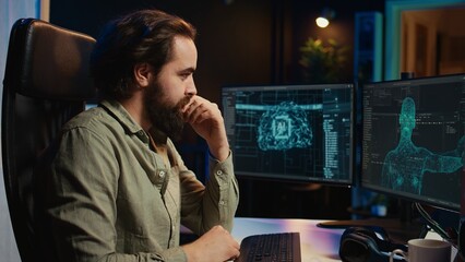 Man inserting disk into PC containing software turning AI into sentient self aware being, saluting...
