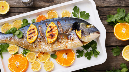 Delicious grilled dorado or sea bream fish with lemon and orange slices, spices, fresh parsley and spinach