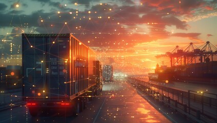 Obraz premium Sleek digital rendering of an open trucking container on the highway, with global network and connectivity symbols floating above it.