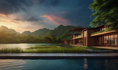 Fototapeta premium Wooden house on the shore of the lake with mountains as a backdrop