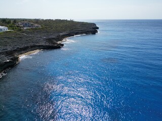 Aerial view of Bodden Town Pedro St James Savannah with iron shore community pristine blue turquoise water of the Caribbean sea ocean, Grand Cayman, Cayman Islands