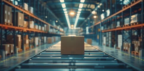 Conveyor belt in the warehouse with boxes on it is blurred against the background of rows and columns filled with various goods, creating an atmosphere of fast modern technology and online ordering.