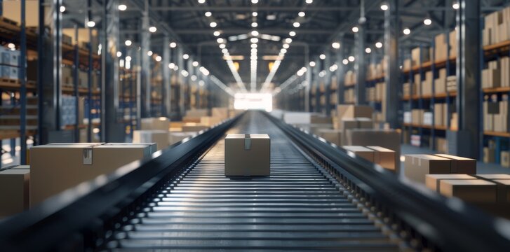 Conveyor belt in the warehouse with boxes on it is blurred against the background of rows and columns filled with various goods, creating an atmosphere of fast modern technology and online ordering.