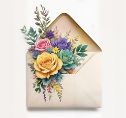 A floral bouquet of pink roses, purple flowers, and green leaves inside a beige envelope