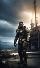 Fototapeta premium A man in metal armor, a character from the game