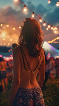 Back view of a young woman watching a sunset festival, wearing a strappy top and sunglasses
