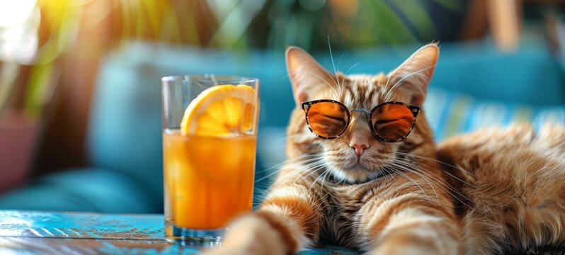 Orange tabby cat wearing sunglasses beside orange juice. Cat with a drink in a leisure setup. Concept of cool pets, summer leisure, and vibrant atmosphere.