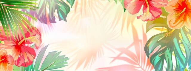 Bright summer tropical floral background with vibrant flowers and lush green palm leaves. Bokeh effect. Colorful botanical wallpaper. Wide banner. Copy space. Mockup for design. Tropical beauty. Art