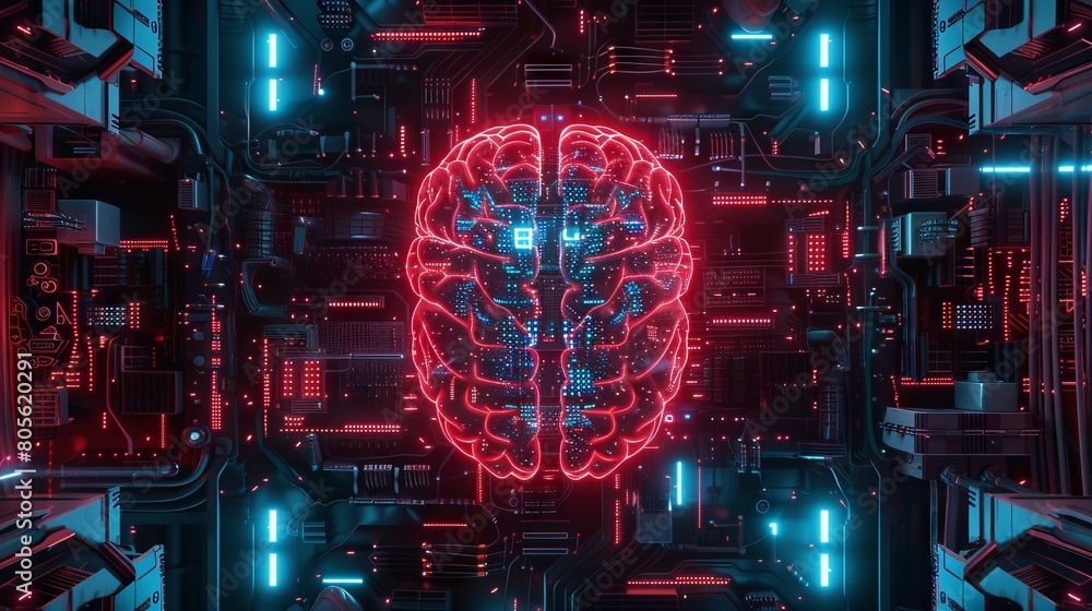Poster neon-lit brain on intricate circuit board. glowing brain symbolizing artificial intelligence, techno