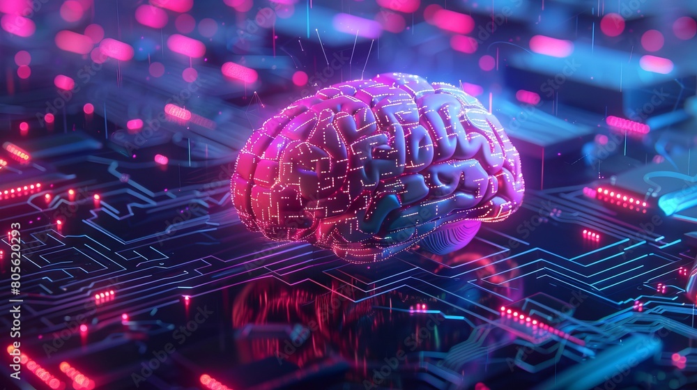 Aufkleber neon digital brain in futuristic circuit board environment. glowing brain symbolizing artificial int