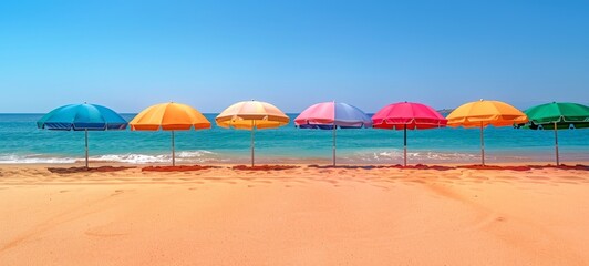 Naklejka premium Vibrant umbrellas along coastal landscape. Row of colorful umbrellas on beach. Concept of sunshade, seaside leisure, family vacation, and tourist spot. Banner. Space for text