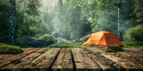Wooden table top with camping background. Scenic forest landscape with orange tent and mossy stones...