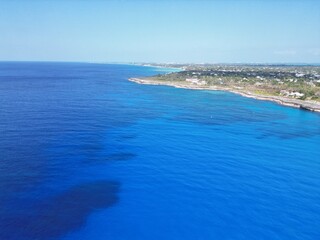 Aerial view of Bodden Town Pedro St James Savannah with iron shore community pristine blue turquoise water of the Caribbean sea ocean, Grand Cayman, Cayman Islands