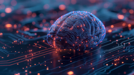 AI Brain Photograph a stylized representation of a human brain with circuitry or digital elements integrated, symbolizing the concept of artificial intelligence and machine learning