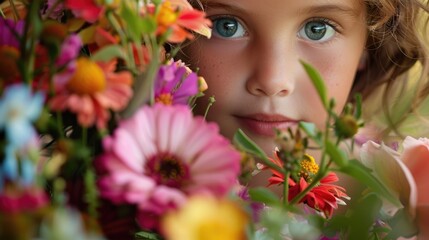 A girl with blue eyes framed by a vibrant wreath of summer flowers. AIG50