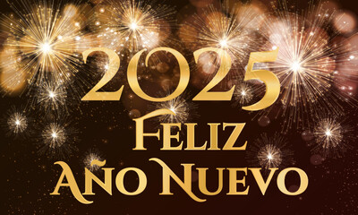 tarjeta o pancarta para desear un feliz año nuevo 2025 en oro sobre un fondo degradado de marrón a negro con fuegos artificiales dorados