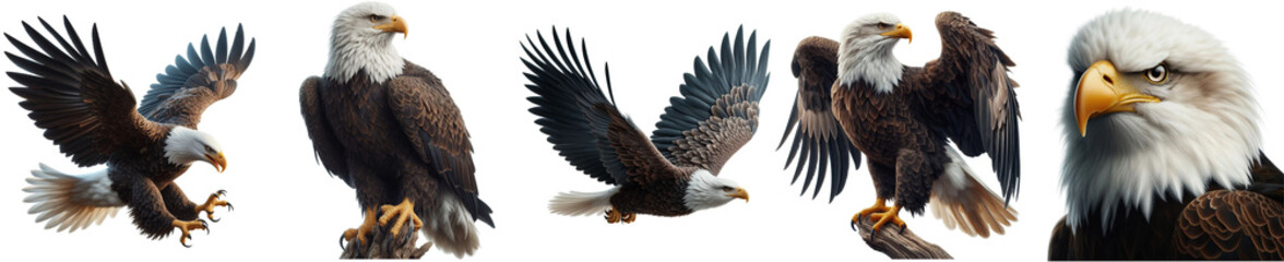 Collection of Bald Eagles Flying, Standing, and Attacking, Isolated on Transparent or White Background