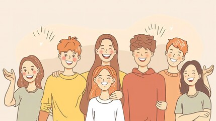 We're in this together. A group of diverse friends stand together, smiling and embracing.