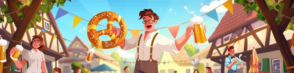 banner with Cartoonish Bavarian man with a giant pretzel as a hula hoop, juggling beer mugs, lively beer garden setting, playful and amusing atmosphere - obrazy, fototapety, plakaty