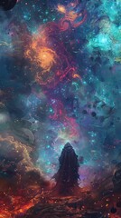 Fantasy illustration of cloaked figure in cosmic nebula. Vivid digital art for sci-fi and cosmic exploration themes