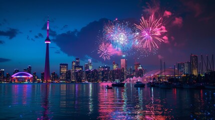 Naklejka premium Colorful fireworks display over Toronto cityscape and CN Tower at dusk. Urban celebration concept