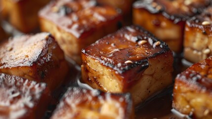 Delicious Glazed tofu Cubes Close-up with Sesame Seeds