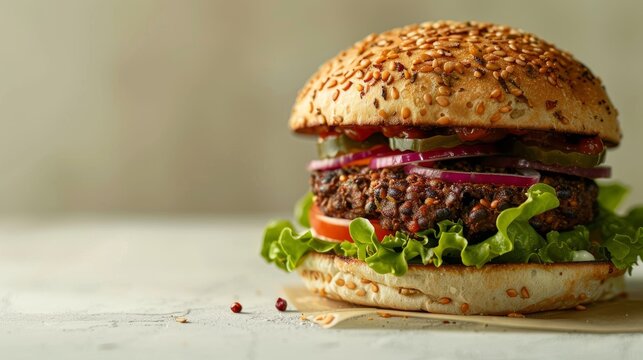 Delicious vegan burger with fresh vegetables, sesame bun and black bean