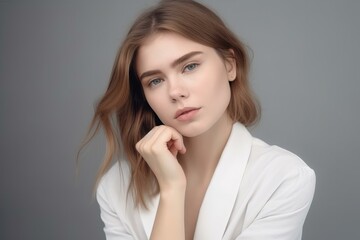 Naklejka premium Elegant young Caucasian woman with captivating blue eyes in crisp white blazer, beauty and professional themes.