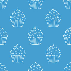 Cute pattern with sweet cupcakes on a blue background.Doodle background