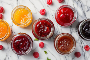 colorful jams and preserves in jars top view on marble countertop (5)