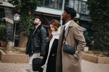 Multiethnic business colleagues in stylish winter attire walking together in a city environment, showcasing teamwork and collaboration.