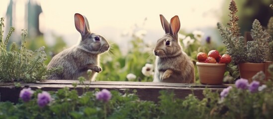 cute bunny on green plant background