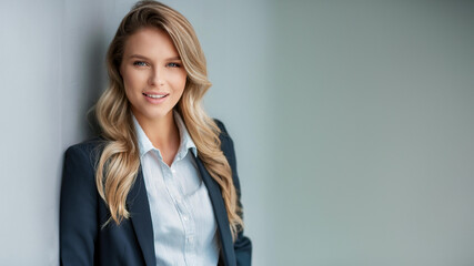 A professional woman in a business suit stands against a grey background, exuding confidence and poise. Generative Ai.