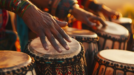 Close-up of hands playing traditional drums, vibrant cultural music event concept.