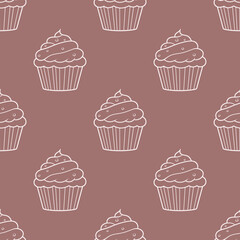Cute pattern with sweet cupcakes on a beige background.Doodle background