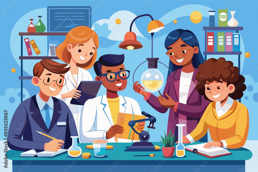 Poster Illustration diverse cartoon scientists in a lab, They are smiling and engaged in various activities such as holding a flask, examining through a microscope, and using a tablet.