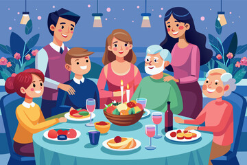 Illustration of a multi-generational family celebrating over dinner, including adults, children, and elderly, with a festive table setting and decorative floral background.