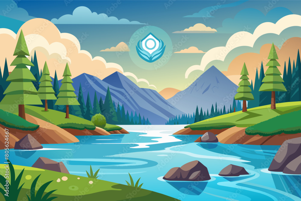 Aufkleber colorful, stylized illustration of a serene river flowing through a mountainous landscape with lush 